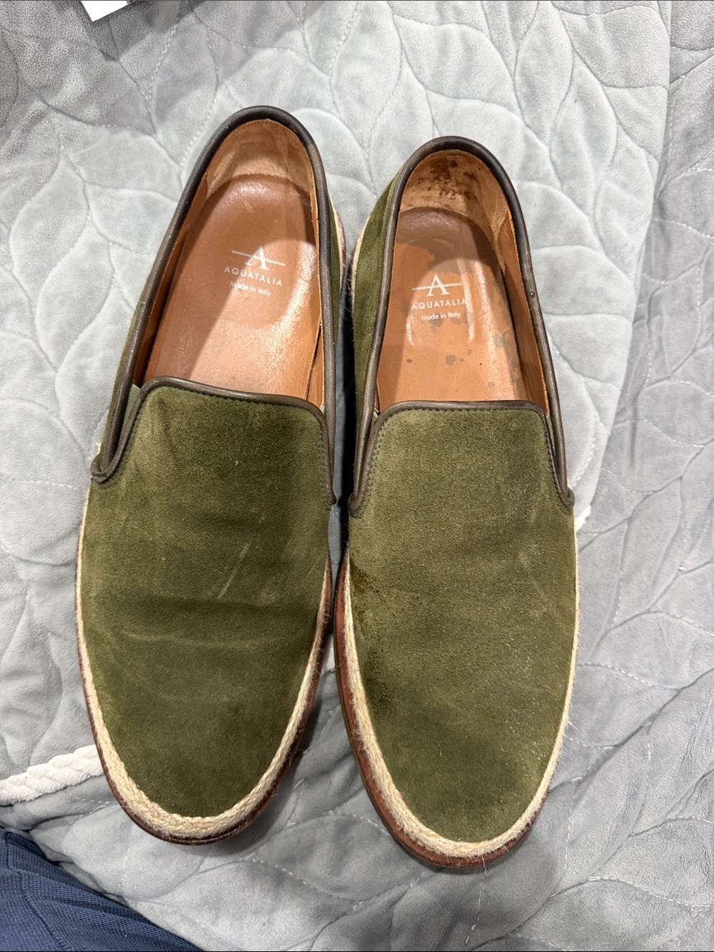 Aquatalia Olive Green Suede Slip-On Loafers